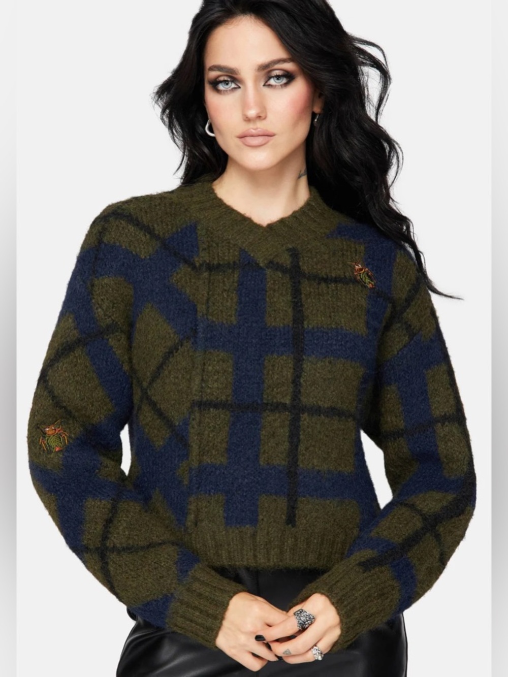 Disturbia Wool Blend Nelly Spliced Check Bug Jacquard Crop Knit Sweater Large